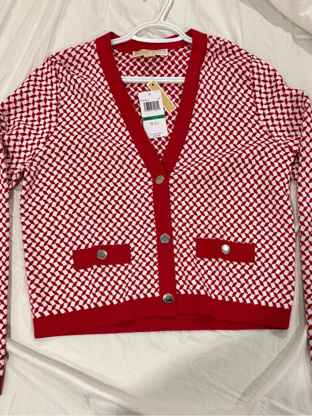 Michael Kors Red and White Patterned V-Neck Cardigan